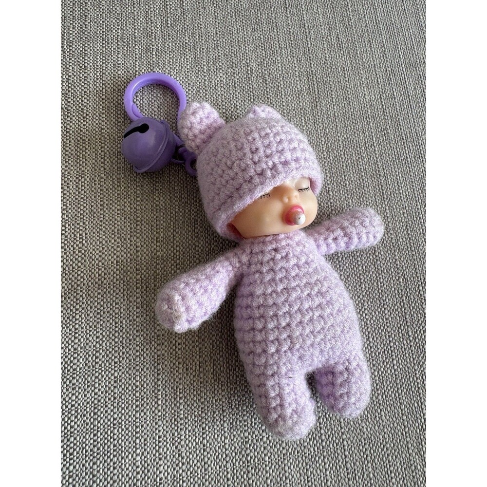 Cute Purple Crochet Sleeping Baby Doll Keychain Bag Charm Bell Plush Pendant